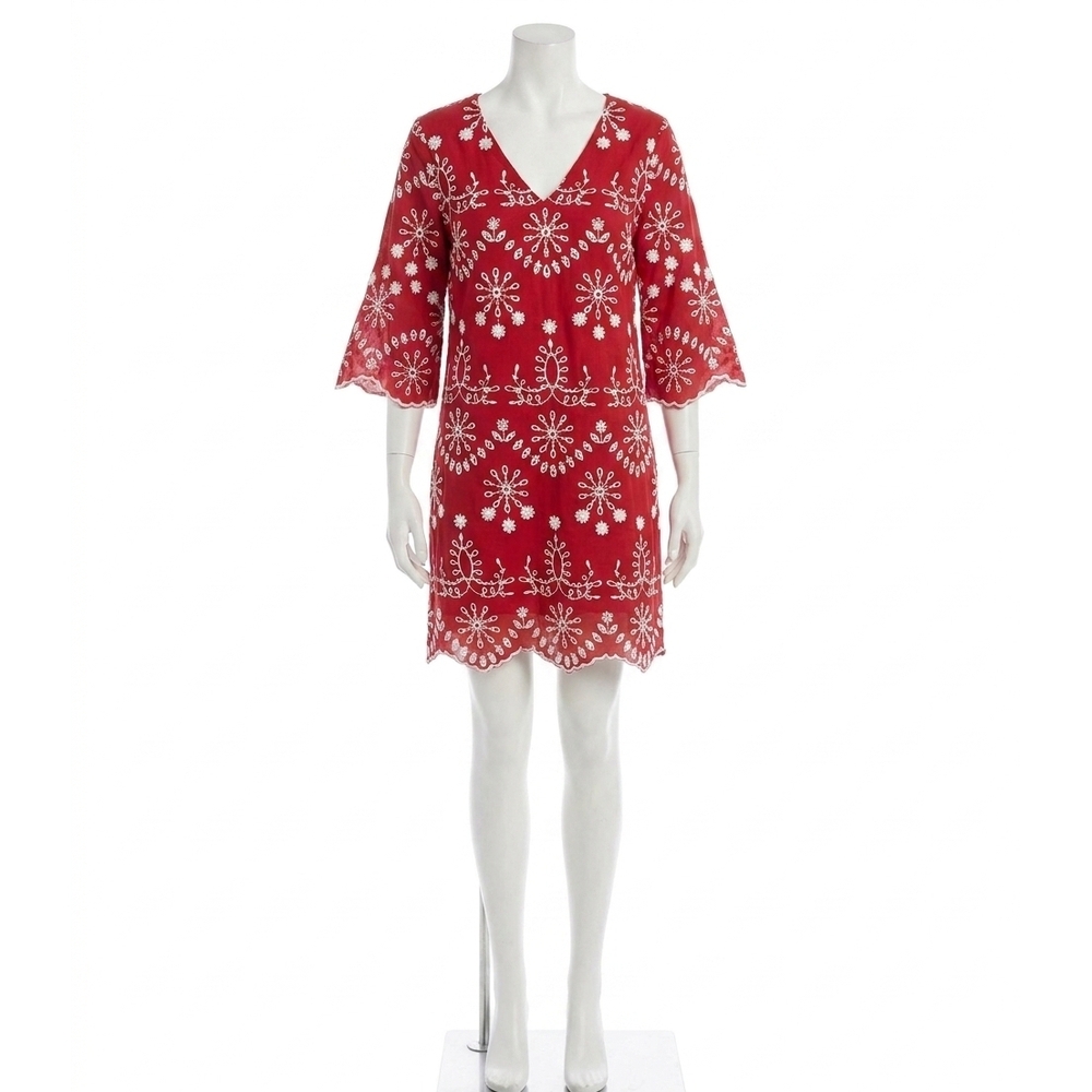 NEW KAREN KANE flare sleeve embroidered dress in red with off white